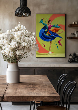 Liquid Choreography by Haris Delic in a black frame above a rustic table with white flowers