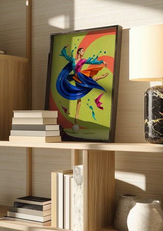 Liquid Choreography by Haris Delic in a dark frame on a wooden shelf beside books and a lamp