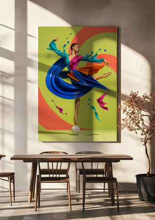 Liquid Choreography by Haris Delic hanging above a wooden dining table in warm sunlight