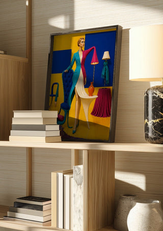 The Room That Wore Her by Haris Delic in a dark frame on a wooden shelf beside books and a lamp