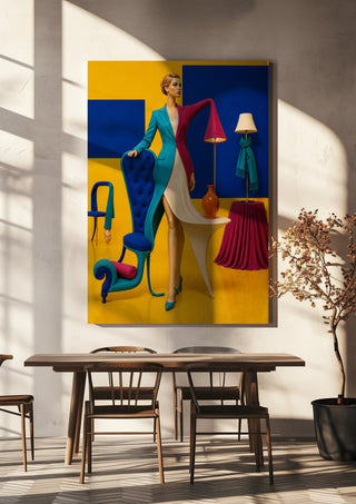 The Room That Wore Her by Haris Delic hanging above a wooden dining table in warm sunlight