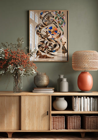 Orbit of the Wild by Haris Delic above a wooden sideboard on a sage green wall