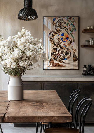Orbit of the Wild by Haris Delic in a black frame above a rustic table with white flowers