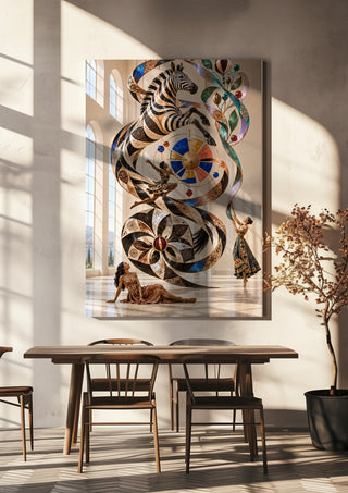 Orbit of the Wild by Haris Delic hanging above a wooden dining table in warm sunlight