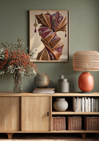 The Unfolding Archive by Haris Delic above a wooden sideboard on a sage green wall