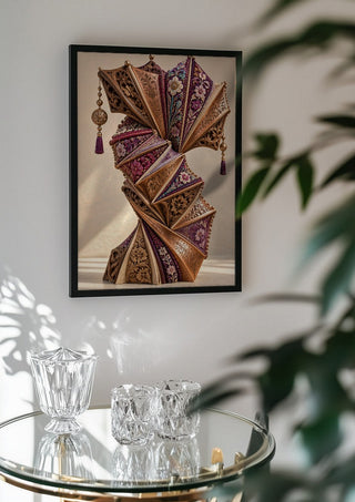 The Unfolding Archive by Haris Delic in a black frame above a glass table with crystal glassware