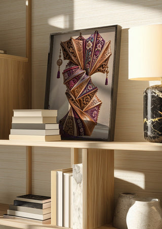 The Unfolding Archive by Haris Delic in a dark frame on a wooden shelf beside books and a lamp