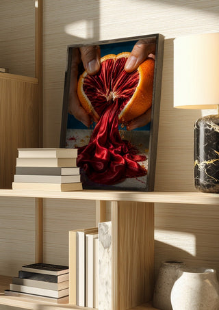 Unfolding Scarlet by Haris Delic in a dark frame on a wooden shelf beside books and a lamp