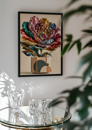 Paper Bloom by Haris Delic in a black frame above a glass table with crystal glassware