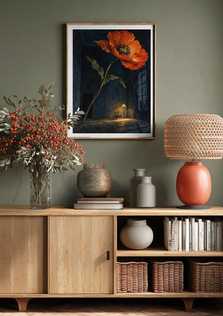 Poppy After Midnight by Matthews Gallerie above a wooden sideboard on a sage green wall