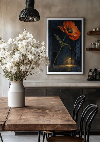 Poppy After Midnight by Matthews Gallerie in a black frame above a rustic table with white flowers
