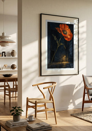 Poppy After Midnight by Matthews Gallerie in a black frame in a bright dining room with wooden chairs