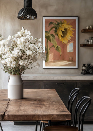 A Window for the Sun by Matthews Gallerie in a black frame above a rustic table with white flowers