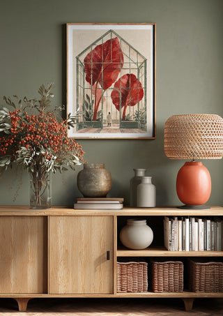 The Red Conservatory by Matthews Gallerie above a wooden sideboard on a sage green wall
