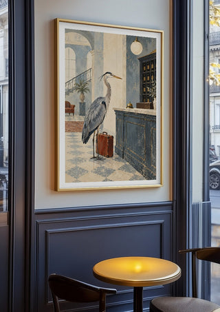 The Heron Checks In by Matthews Gallerie in an oak frame on a panelled café wall