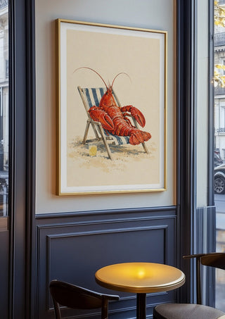 The Lobster’s Day Off by Matthews Gallerie in an oak frame on a panelled café wall