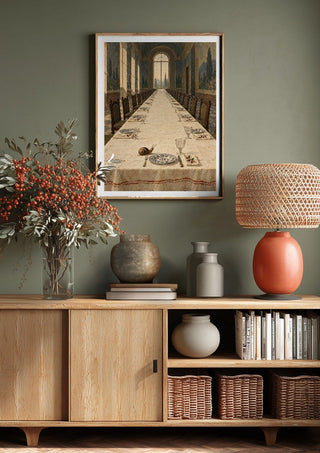 The Snail Arrives Early by Matthews Gallerie above a wooden sideboard on a sage green wall