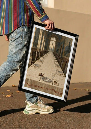 The Snail Arrives Early by Matthews Gallerie carried in a black frame along a sunny street