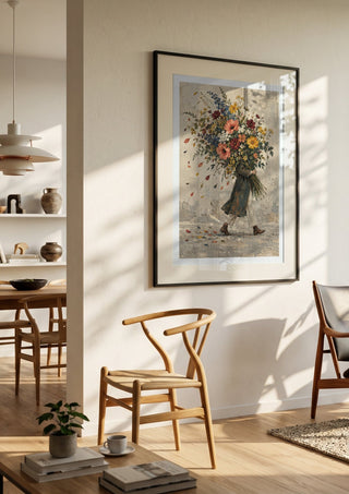 Carrying Spring by Matthews Gallerie in a black frame in a bright dining room with wooden chairs