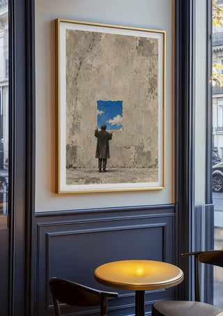 Borrowed Sky by Matthews Gallerie in an oak frame on a panelled café wall