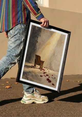 After the Applause by Matthews Gallerie carried in a black frame along a sunny street