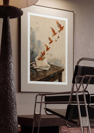 Things We Never Mailed by Matthews Gallerie framed in a dim room beside a tubular steel chair
