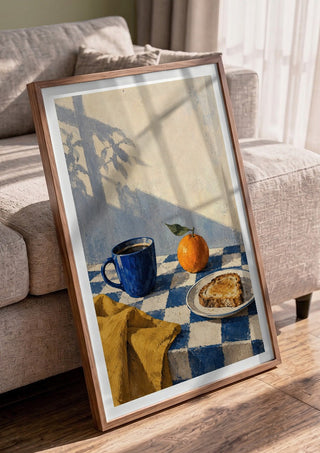 Blue Hour Breakfast by Matthews Gallerie in a walnut frame leaning against a grey sofa
