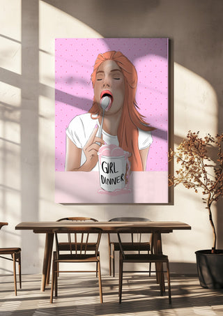 Girl Dinner by Lisen Vennesland hanging above a wooden dining table in warm sunlight