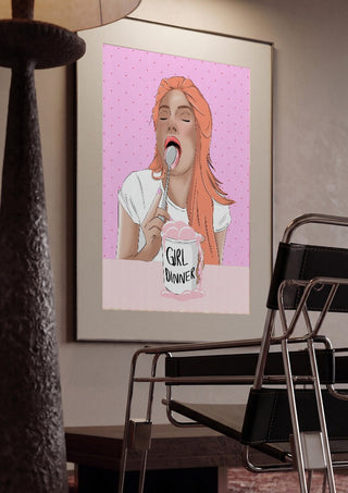 Girl Dinner by Lisen Vennesland framed in a dim room beside a tubular steel chair