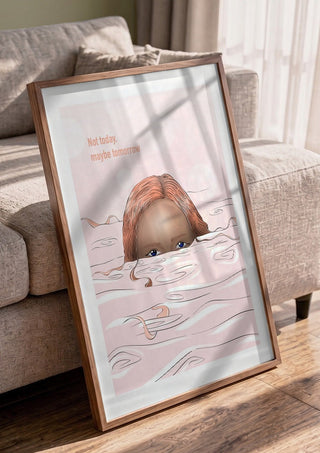 Maybe tomorrow by Lisen Vennesland in a walnut frame leaning against a grey sofa