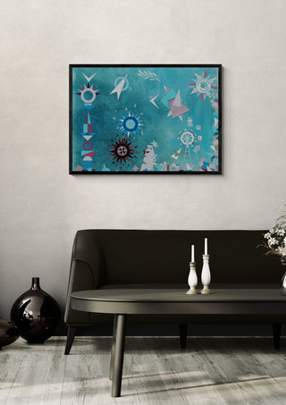 Give Peace a Chance by Andreas Pohle in a black frame above a dark sofa with candlesticks and a vase