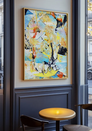 Composition Yellow on Blue by Andreas Pohle in an oak frame on a panelled café wall