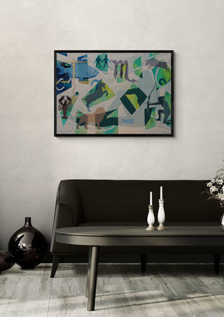 String Theory and the Archer by Andreas Pohle in a black frame above a dark sofa with candlesticks and a vase