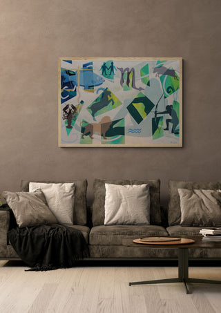String Theory and the Archer by Andreas Pohle in a light wood frame above a grey sofa with cushions