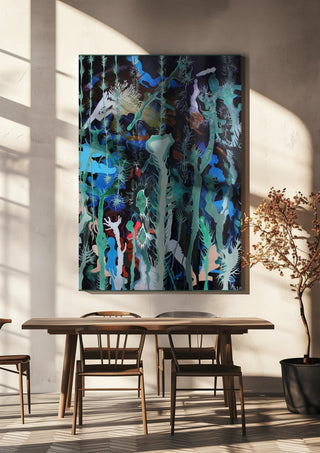 Mystical Garden by Andreas Pohle hanging above a wooden dining table in warm sunlight