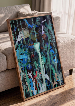 Mystical Garden by Andreas Pohle in a walnut frame leaning against a grey sofa