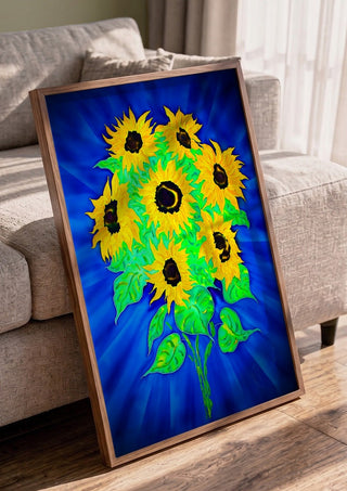 Sunflowers by Walter Zettl in a walnut frame leaning against a grey sofa