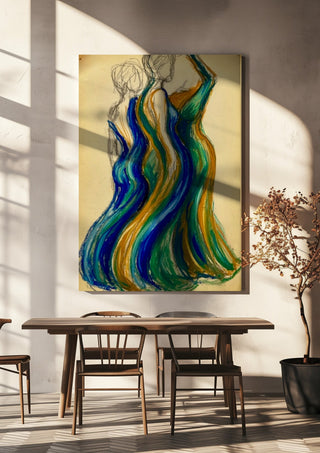 Two Gowns by Da Winters hanging above a wooden dining table in warm sunlight