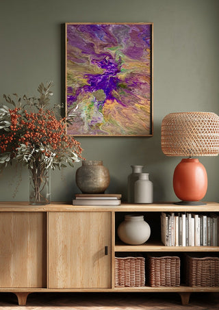 Violet Drift by Da Winters above a wooden sideboard on a sage green wall