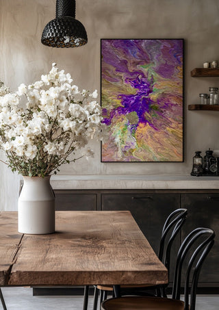 Violet Drift by Da Winters in a black frame above a rustic table with white flowers