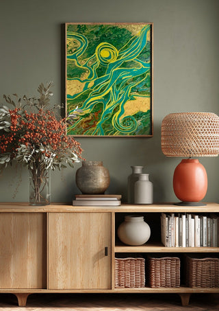 Golden Vines by Da Winters above a wooden sideboard on a sage green wall