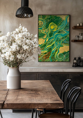 Golden Vines by Da Winters in a black frame above a rustic table with white flowers