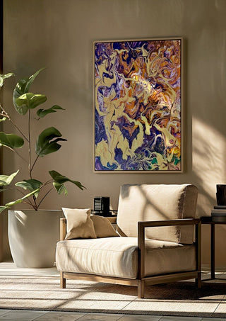 Cream and Amethyst by Da Winters framed above a beige armchair beside a potted plant