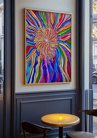 Rainbow Spin by Da Winters in an oak frame on a panelled café wall