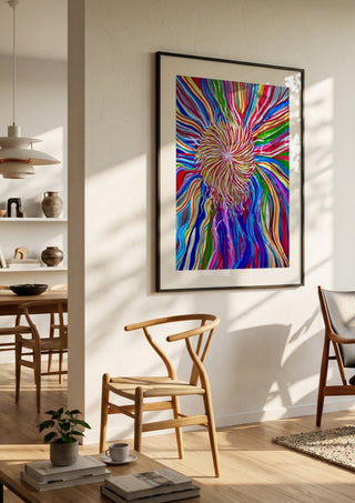 Rainbow Spin by Da Winters in a black frame in a bright dining room with wooden chairs