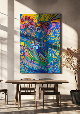 Garden Party by Da Winters hanging above a wooden dining table in warm sunlight