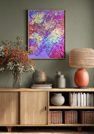 Petal Ridge by Da Winters above a wooden sideboard on a sage green wall
