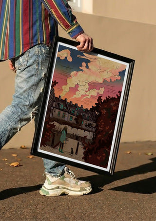 Evening walk by Nina Broen carried in a black frame along a sunny street