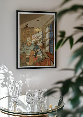 In my room by Nina Broen in a black frame above a glass table with crystal glassware