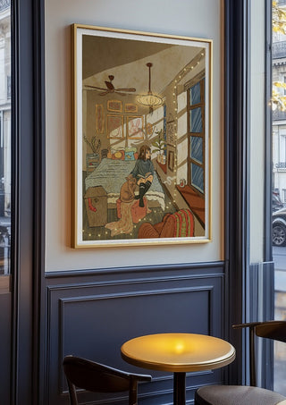 In my room by Nina Broen in an oak frame on a panelled café wall